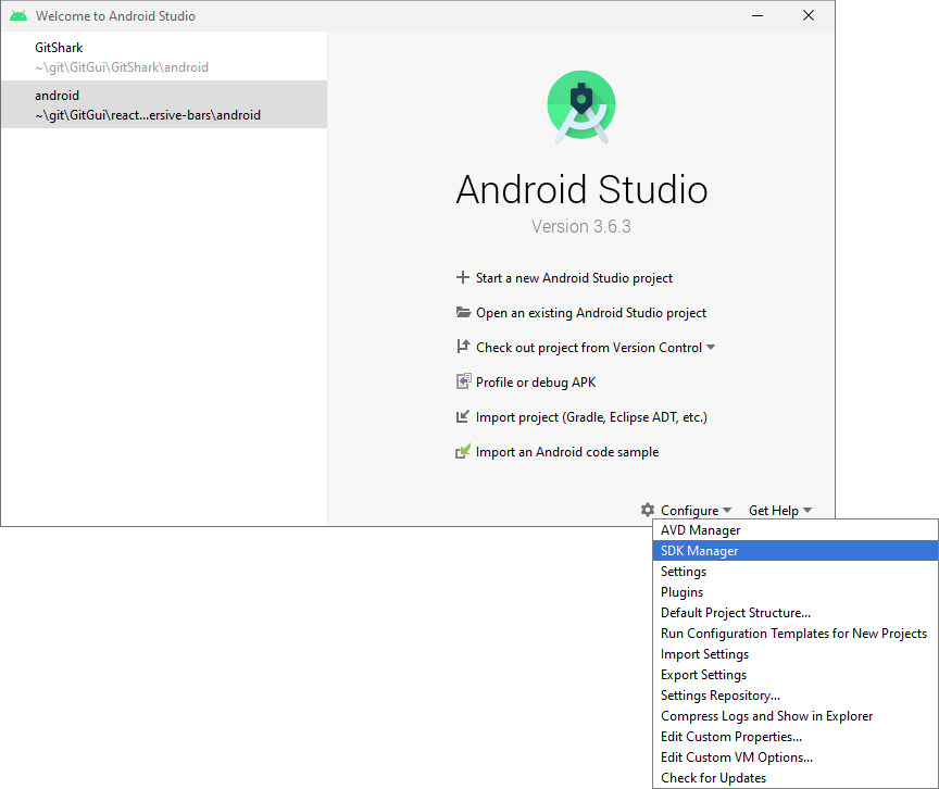 The startup screen showing "configure" dropdown