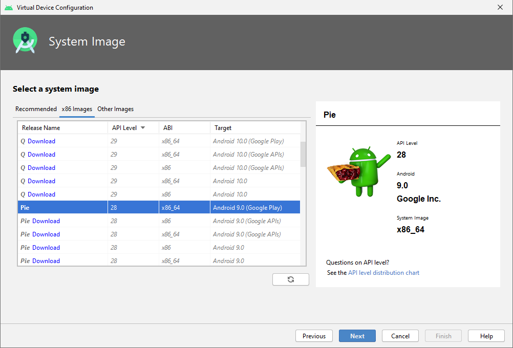 The selected image for x86_64 Pie