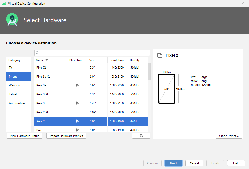 The "select hardware" screen as mentioned